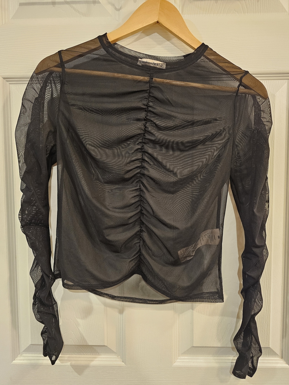 Abercrombie & Fitch Black Sheer Ruched Mesh Long Sleeve Top
